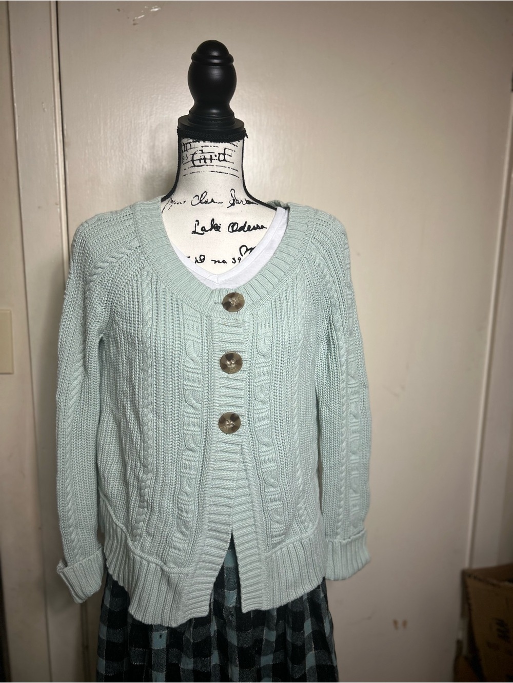 Light Mint Cable Knit Button Front Women's Sweater Eddie Bauer Sz Large